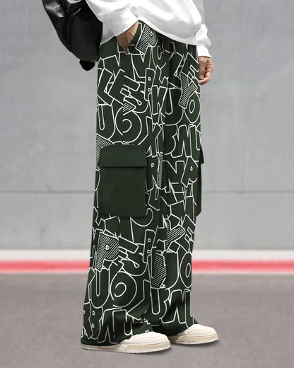 Mens Multi Pockets All Over Printed Baggy fit oversized Cargo Jogger Olivegreen