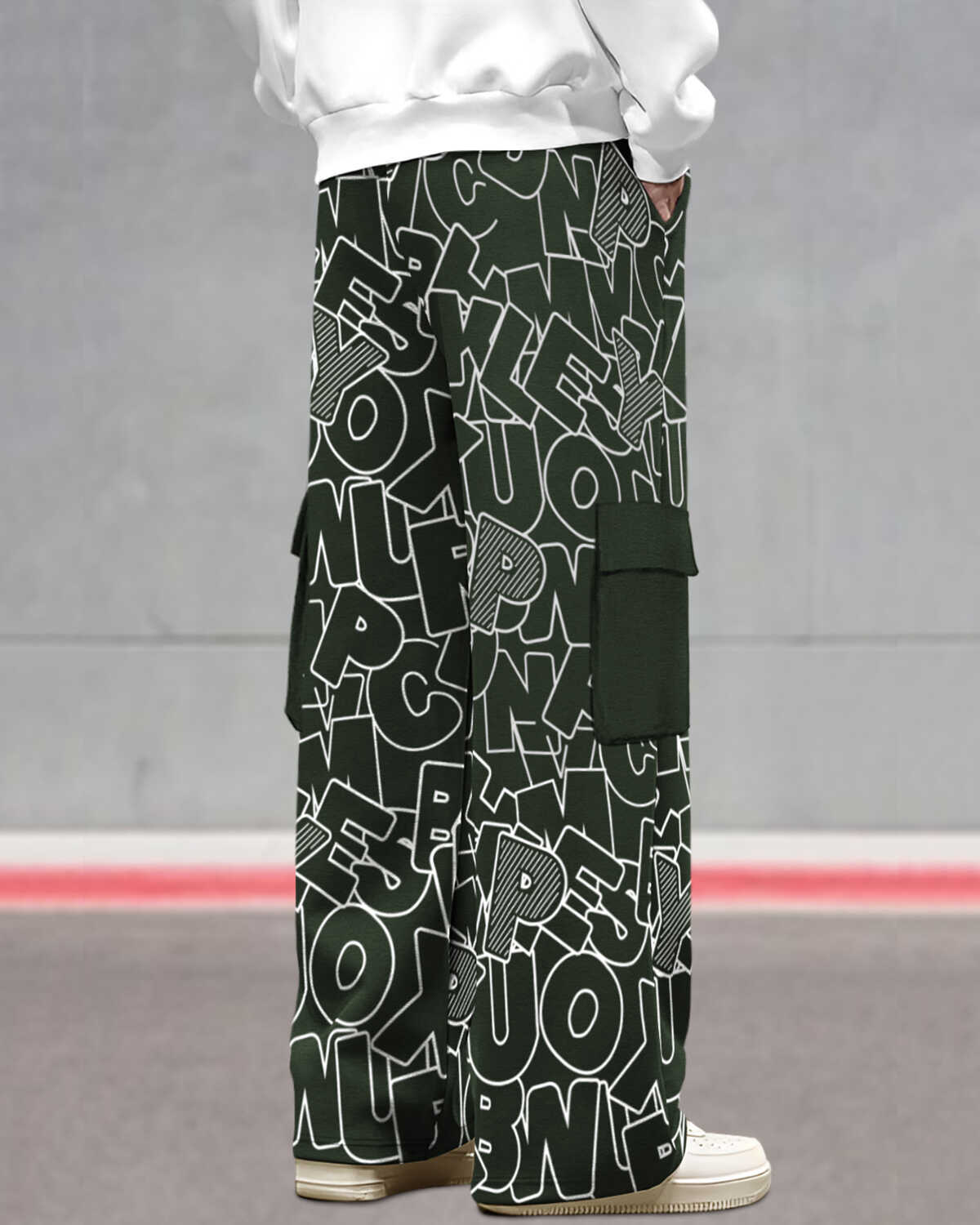 Mens Multi Pockets All Over Printed Baggy fit oversized Cargo Jogger Olivegreen
