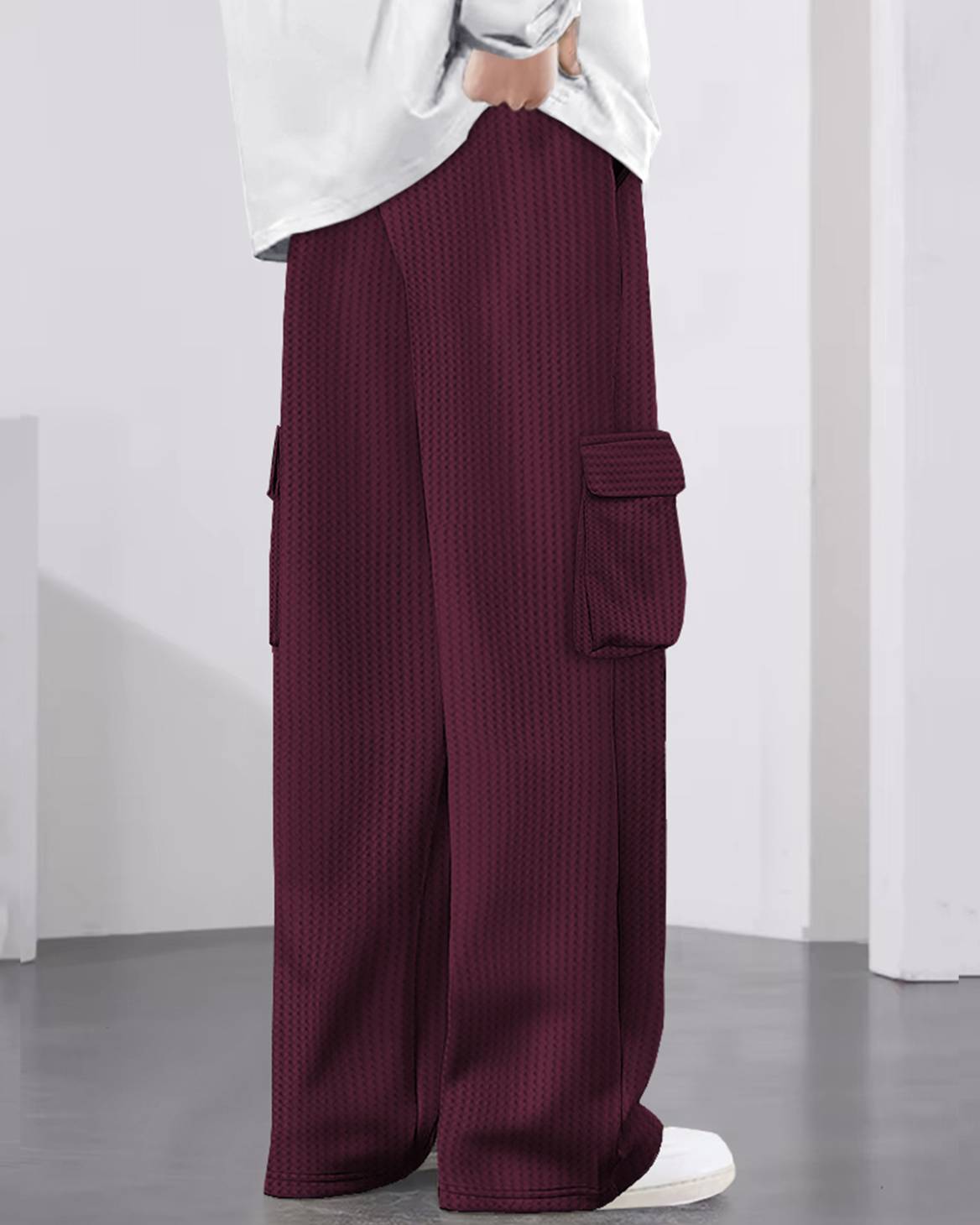 Men Plain Waffle Baggy fit oversized Cargo Jogger / Maroon