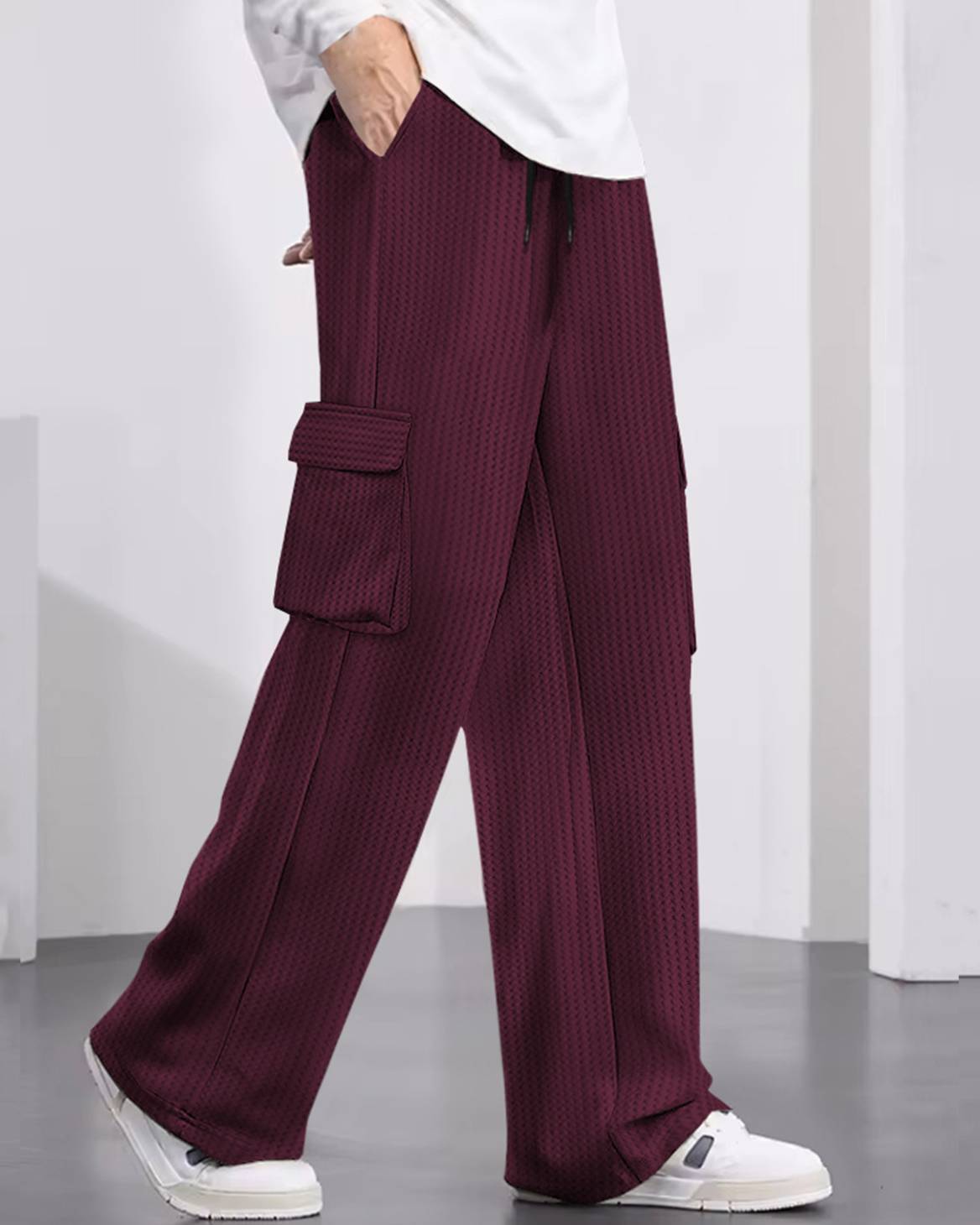 Men Plain Waffle Baggy fit oversized Cargo Jogger / Maroon