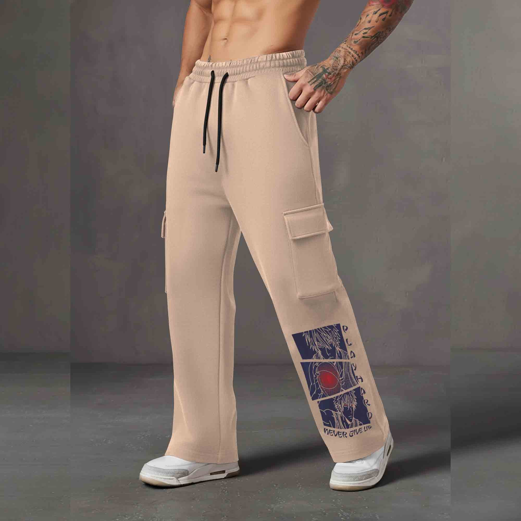 Men Multi Pockets Anime Printed Baggy Cargo Beige