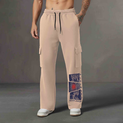 Men Multi Pockets Anime Printed Baggy Cargo Beige