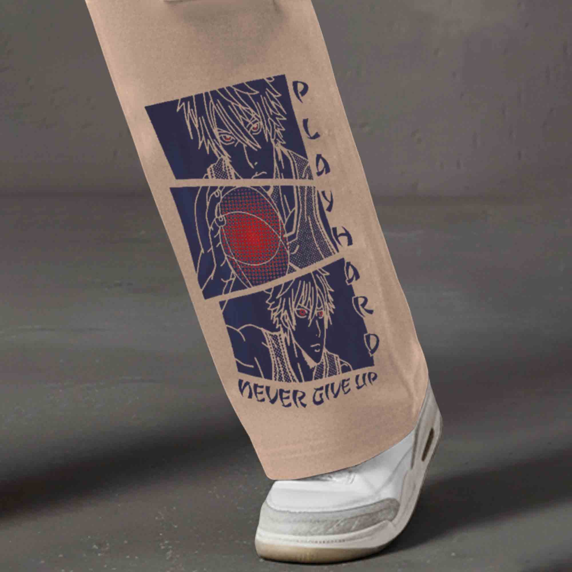 Men Multi Pockets Anime Printed Baggy Cargo Beige