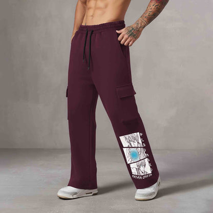 Men Multi Pockets Anime Printed Baggy Cargo Maroon