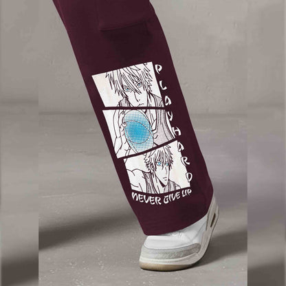 Men Multi Pockets Anime Printed Baggy Cargo Maroon