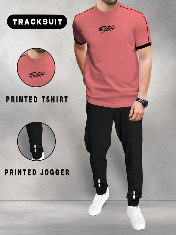 mens tracksuit pink t-shirt with black jogger