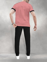 mens tracksuit pink t-shirt with black jogger