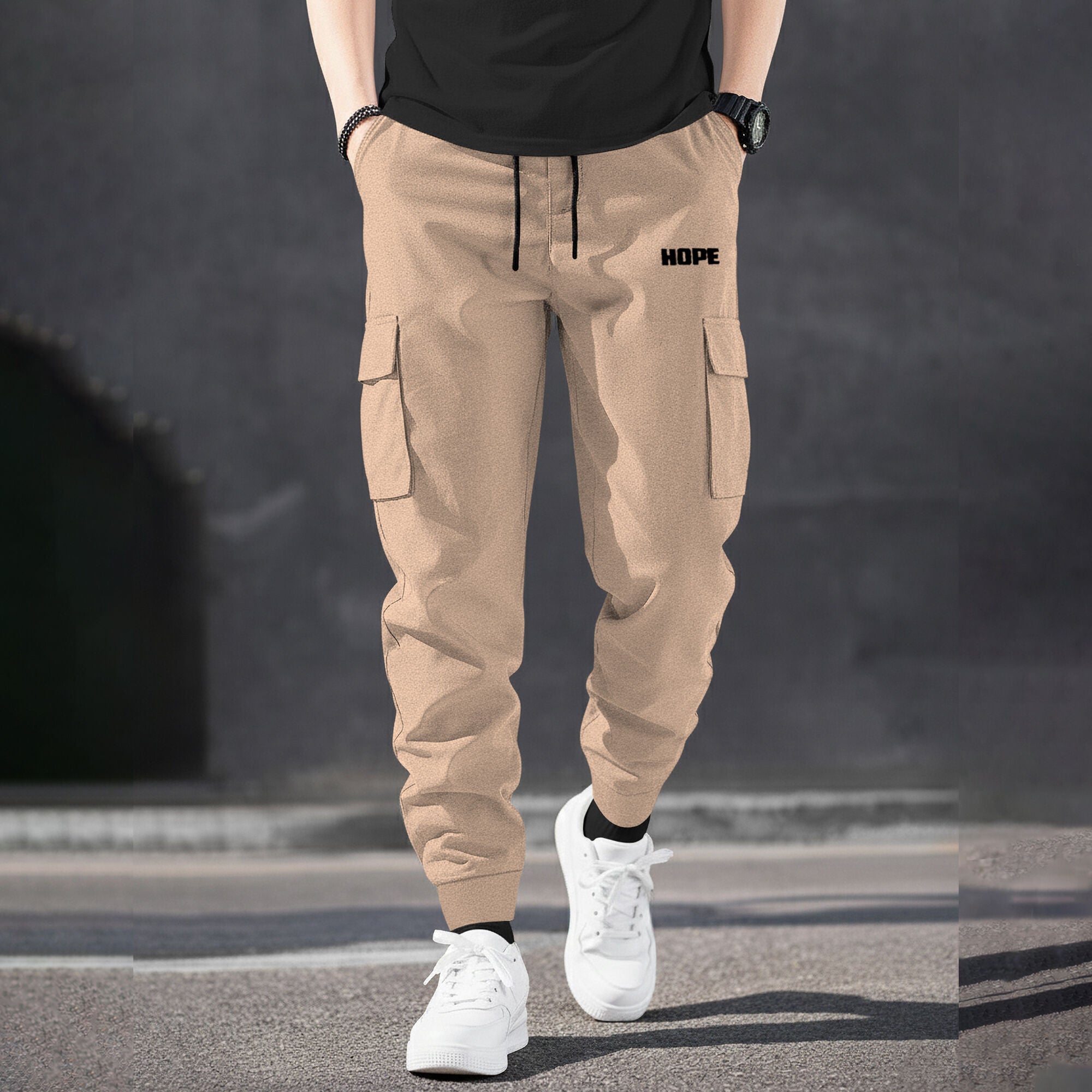 Men Solid Beige Designer Cargo Pant