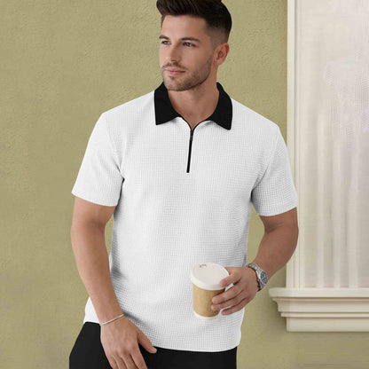 Polo Collar White Black Contrast Waffle Textured T-shirt