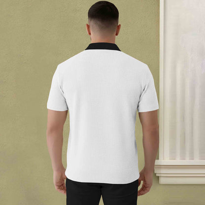 Polo Collar White Black Contrast Waffle Textured T-shirt