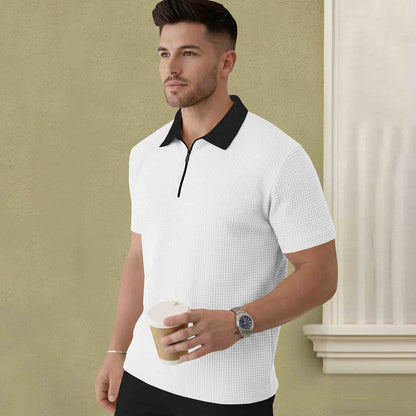 Polo Collar White Black Contrast Waffle Textured T-shirt