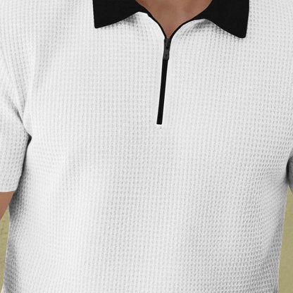 Polo Collar White Black Contrast Waffle Textured T-shirt