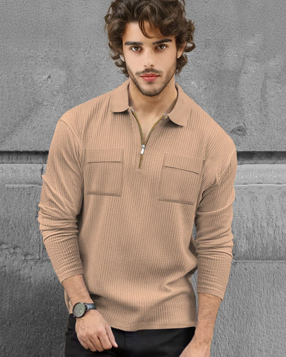 Men Full Sleeve Double Pocket Beige Waffle T-shirt