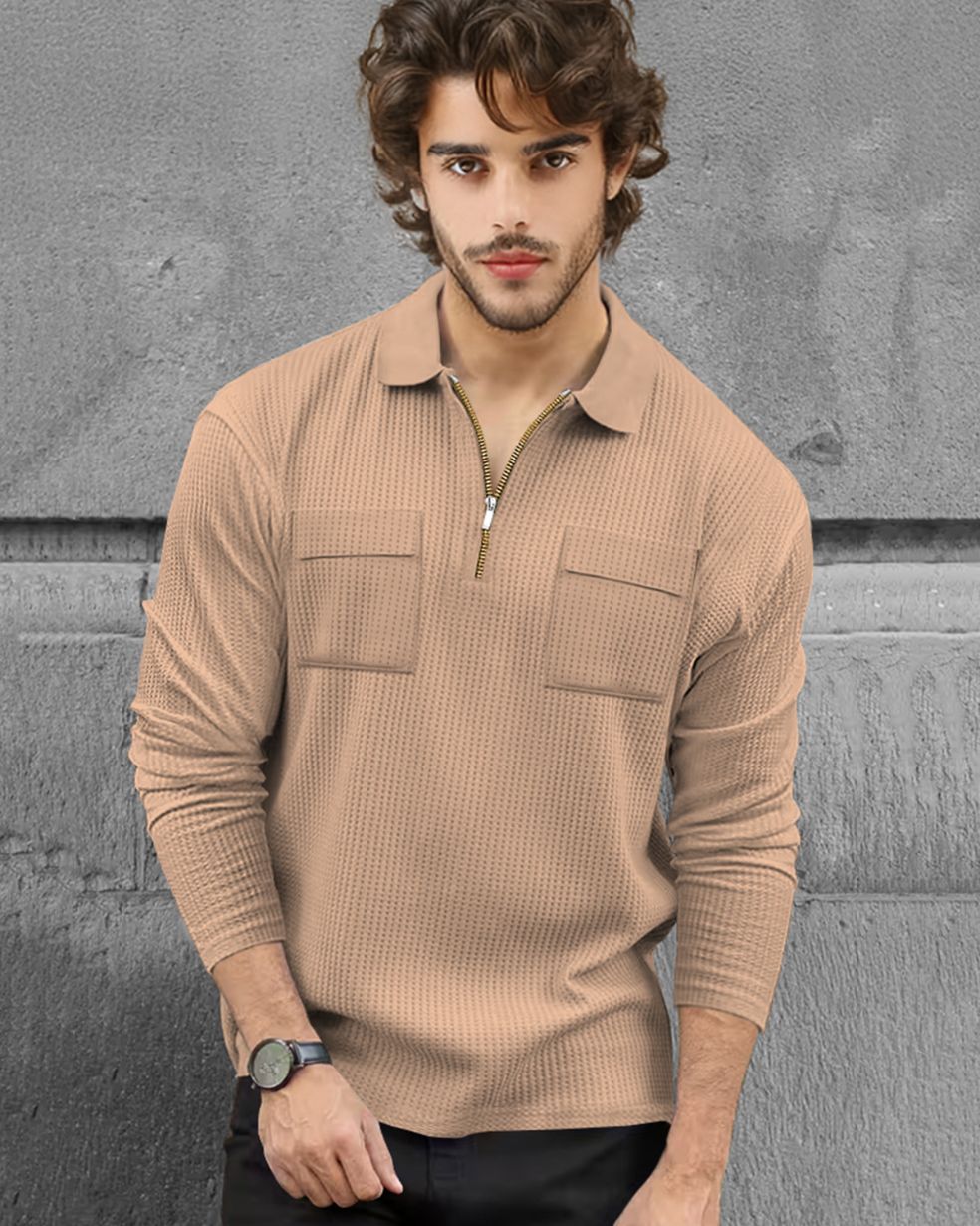Men Full Sleeve Double Pocket Beige Waffle T-shirt