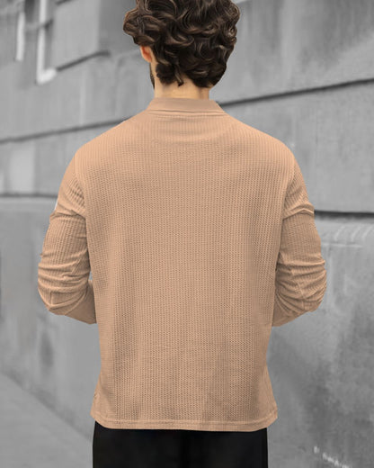 Men Full Sleeve Double Pocket Beige Waffle T-shirt