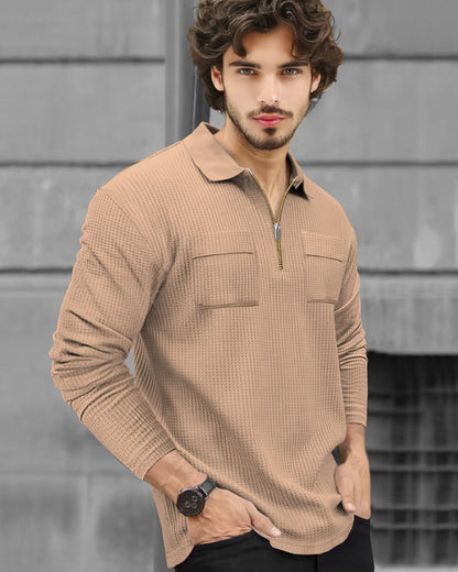 Men Full Sleeve Double Pocket Beige Waffle T-shirt