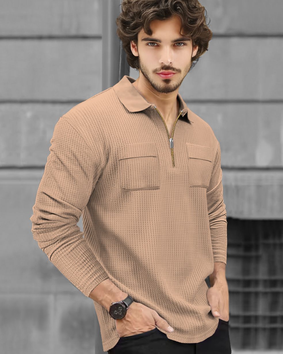 Men Full Sleeve Double Pocket Beige Waffle T-shirt