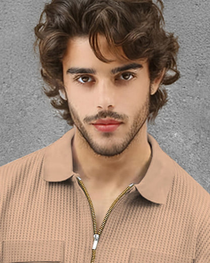 Men Full Sleeve Double Pocket Beige Waffle T-shirt