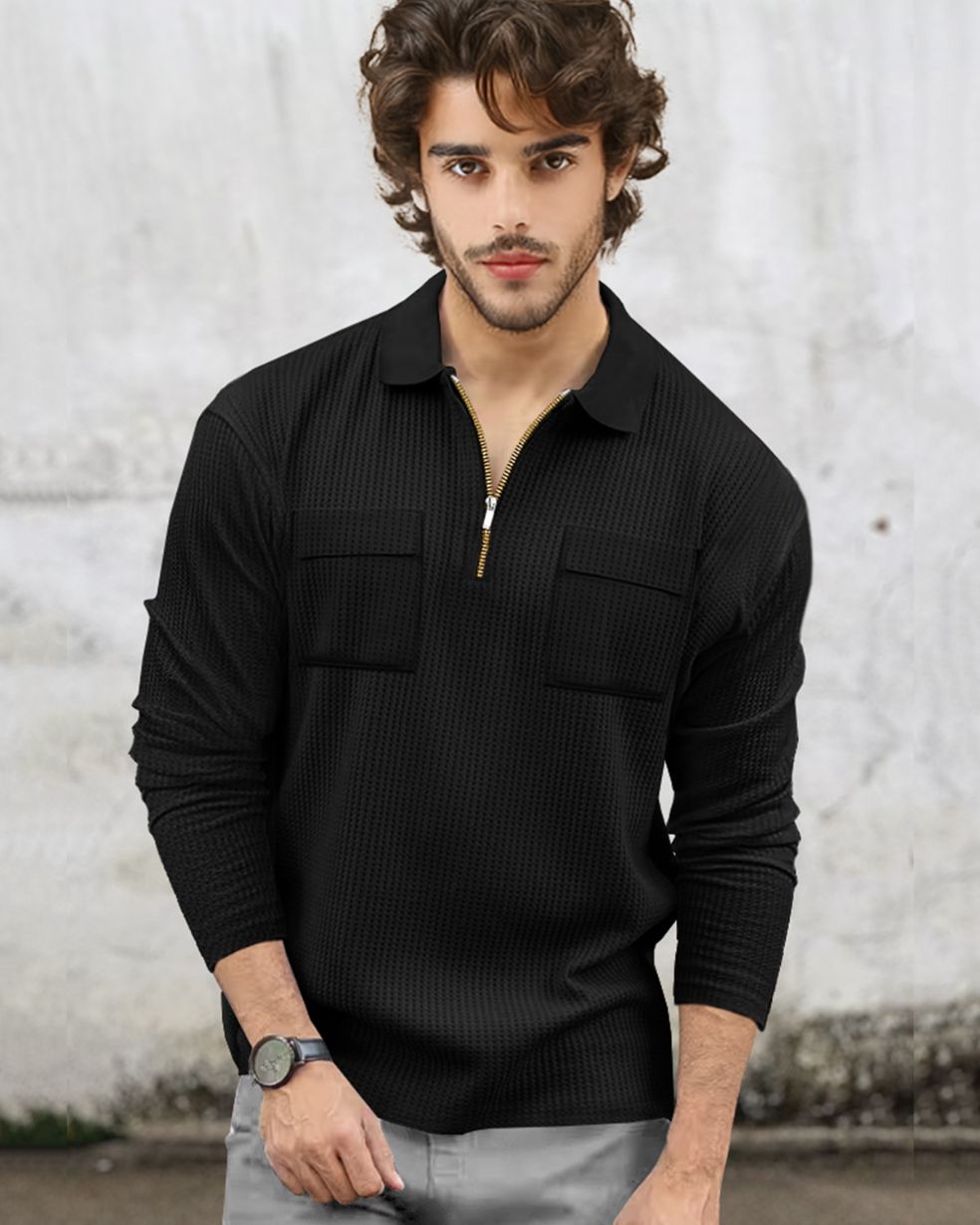 Men Full Sleeve Double Pocket Black Waffle T-shirt