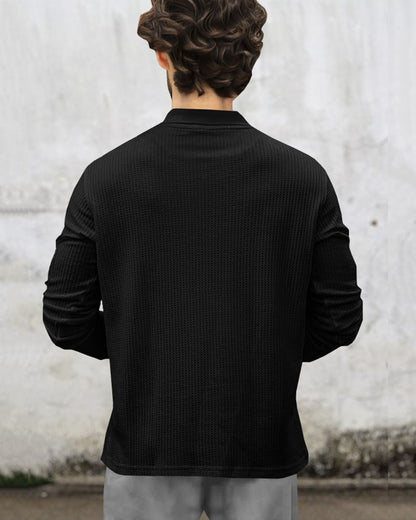 Men Full Sleeve Double Pocket Black Waffle T-shirt