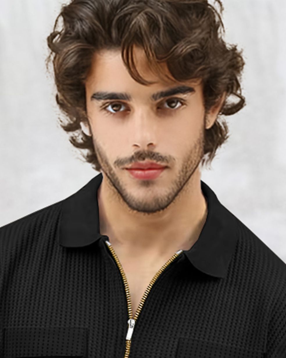 Men Full Sleeve Double Pocket Black Waffle T-shirt