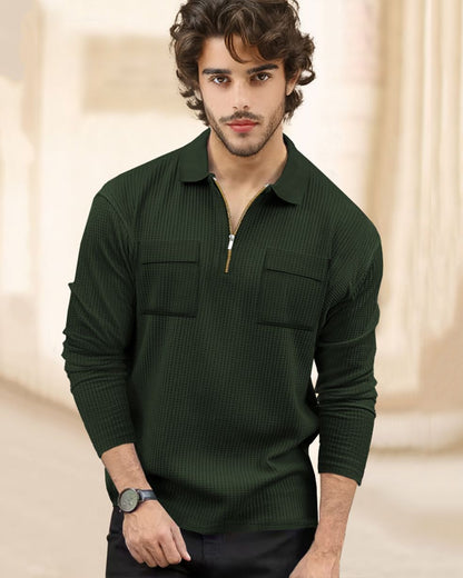 Men Full Sleeve Olivegreen Double Pocket Waffle T-shirt