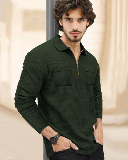 Men Full Sleeve Olivegreen Double Pocket Waffle T-shirt