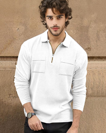 Men Textured Full Sleeve White Double Pocket Waffle T-shirt