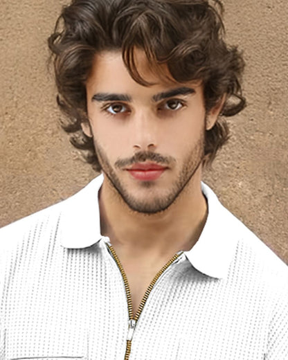 Men Textured Full Sleeve White Double Pocket Waffle T-shirt