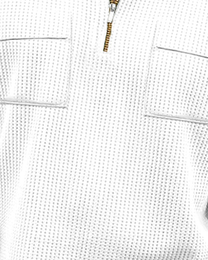 Men Textured Full Sleeve White Double Pocket Waffle T-shirt