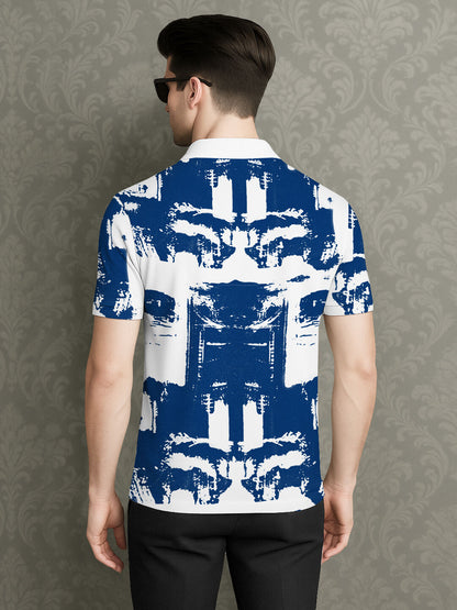 Half Sleeve Zip Type Printed Polo T-shirt White & Blue