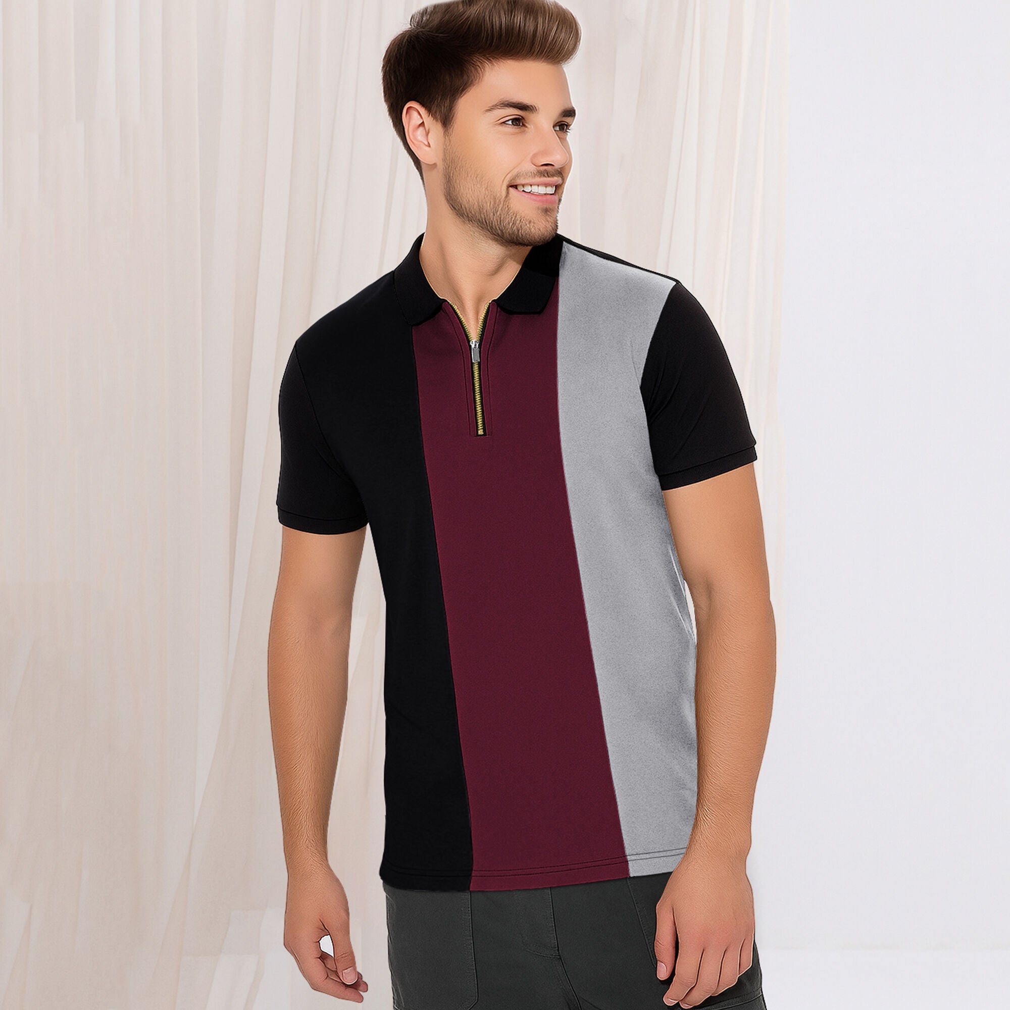 Half Sleeve Polo Zip Type Color Blocked Contrast T-shirt