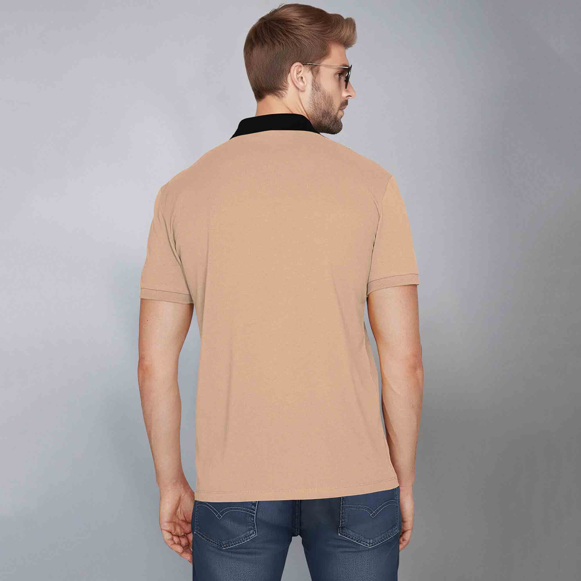 Color Block Zipper Polo T-Shirt Beige