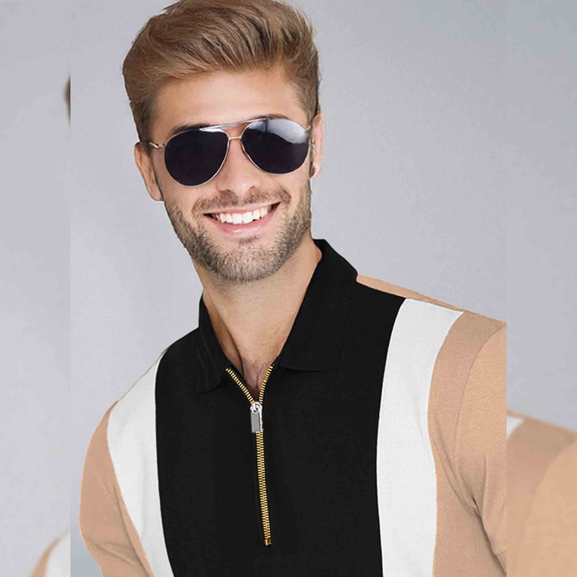 Color Block Zipper Polo T-Shirt Beige