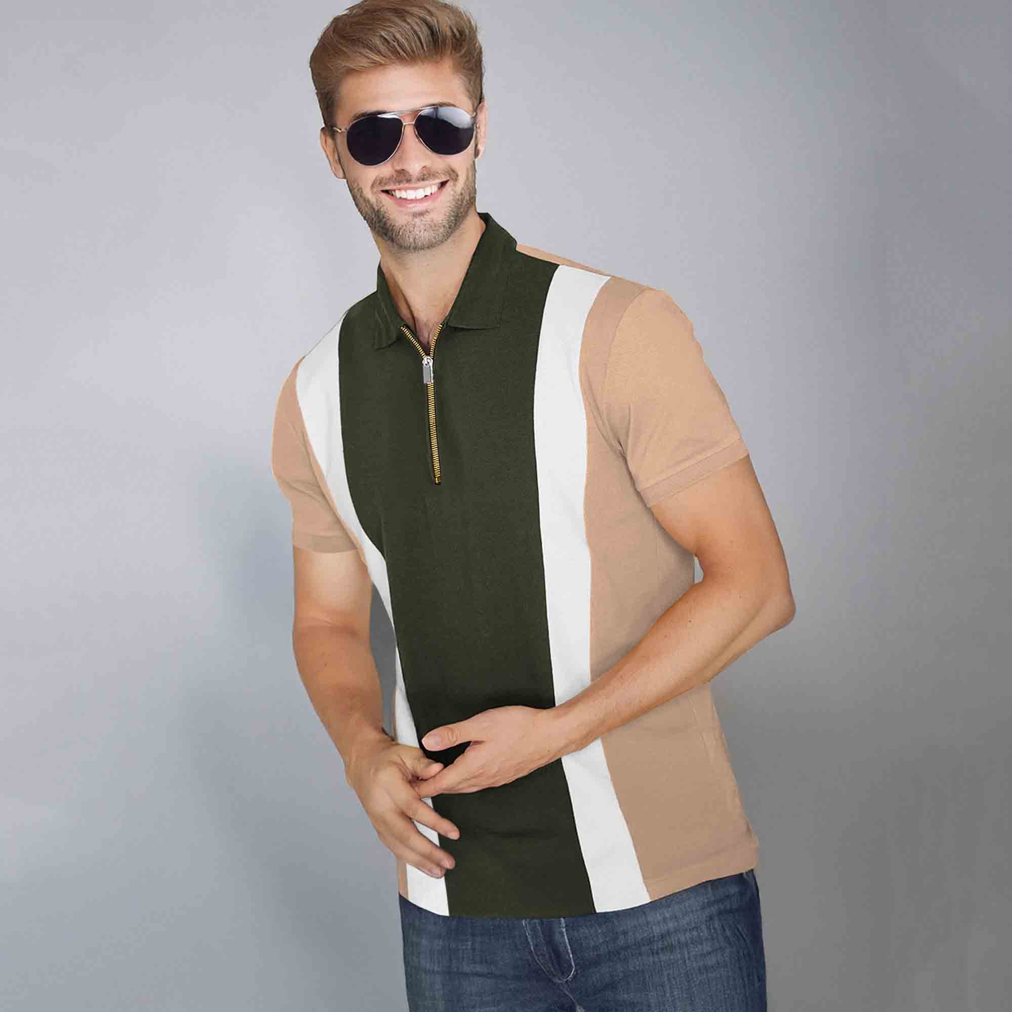 Men Color Block Zipper Polo TShirt Beige
