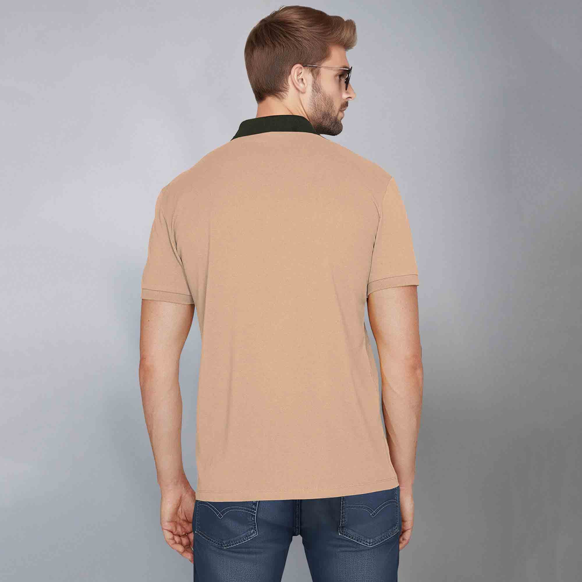 Men Color Block Zipper Polo TShirt Beige
