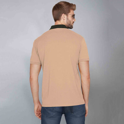 Men Color Block Zipper Polo TShirt Beige