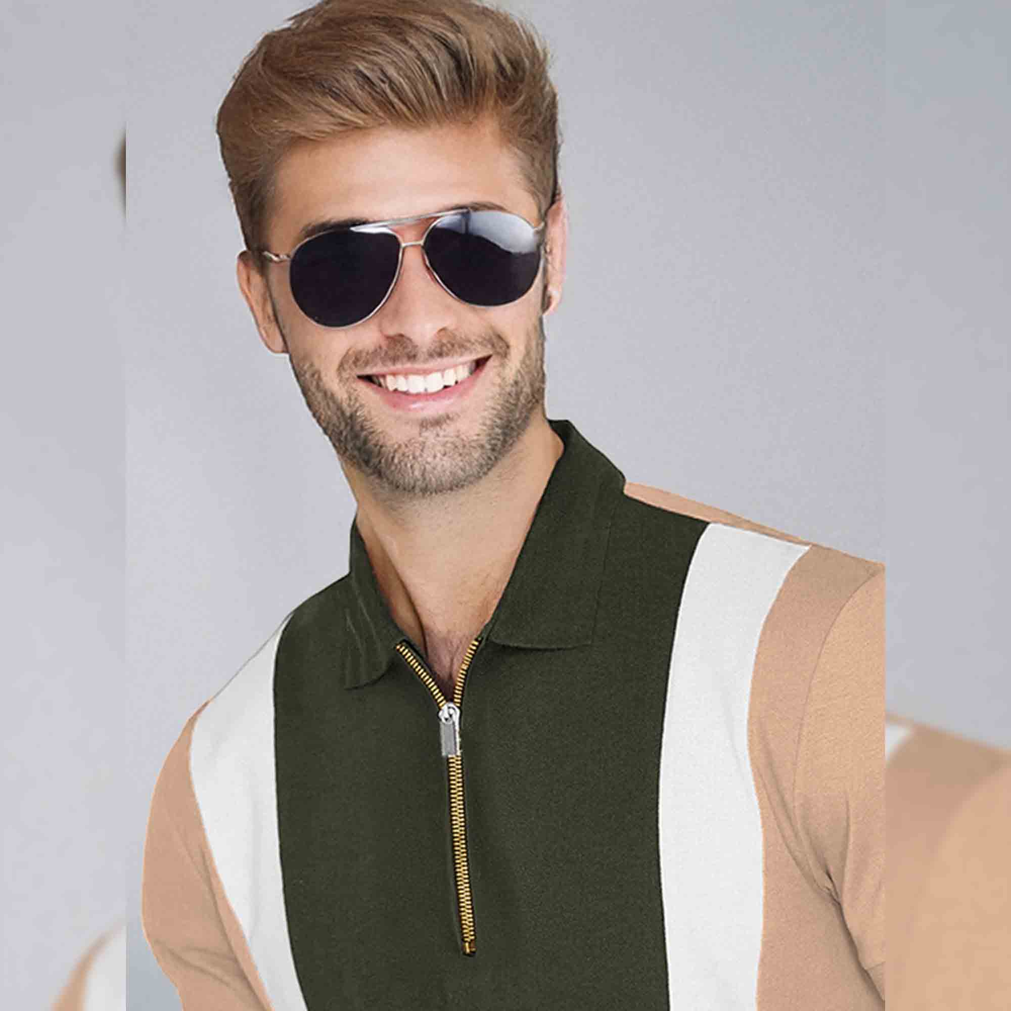 Men Color Block Zipper Polo TShirt Beige