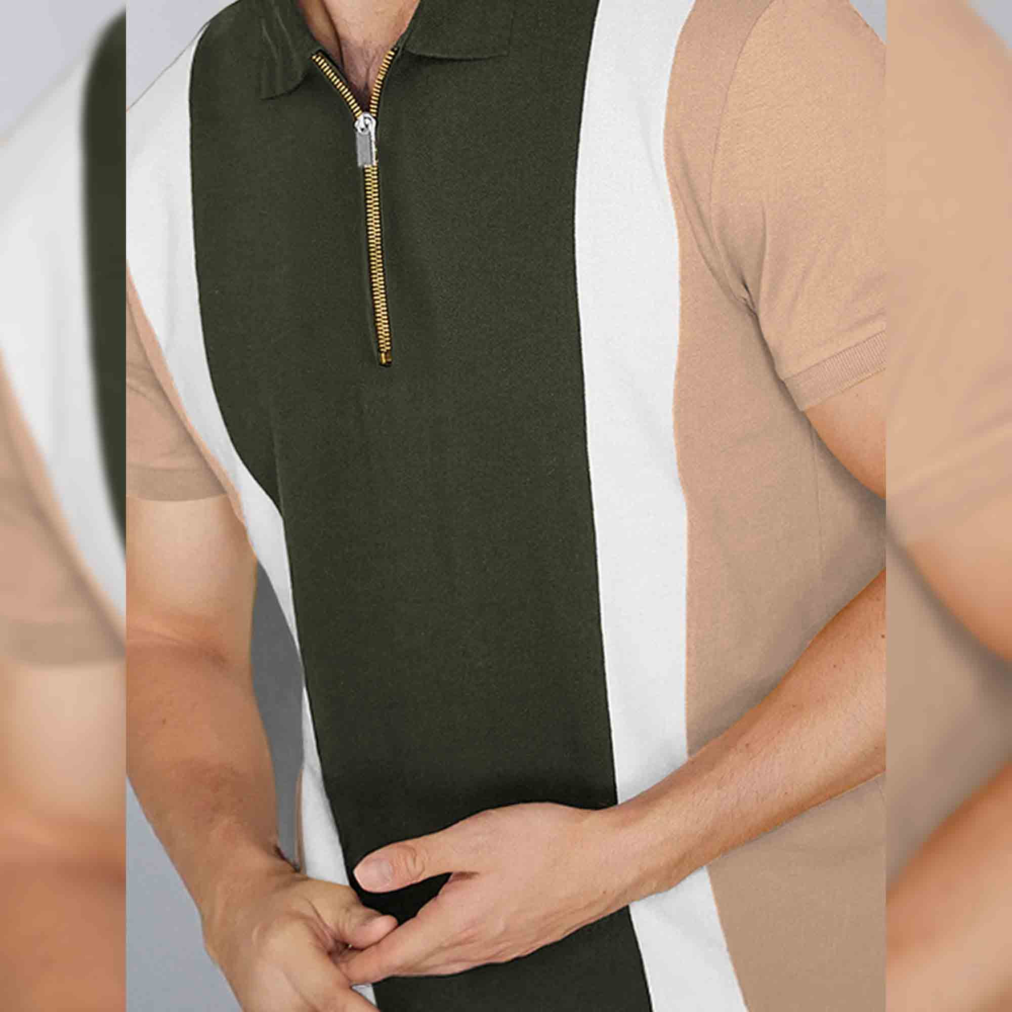 Men Color Block Zipper Polo TShirt Beige