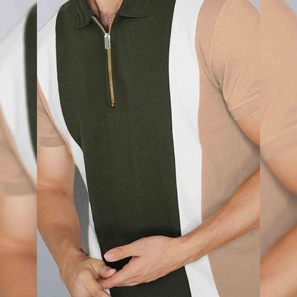 Men Color Block Zipper Polo TShirt Beige