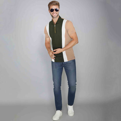 Men Color Block Zipper Polo TShirt Beige