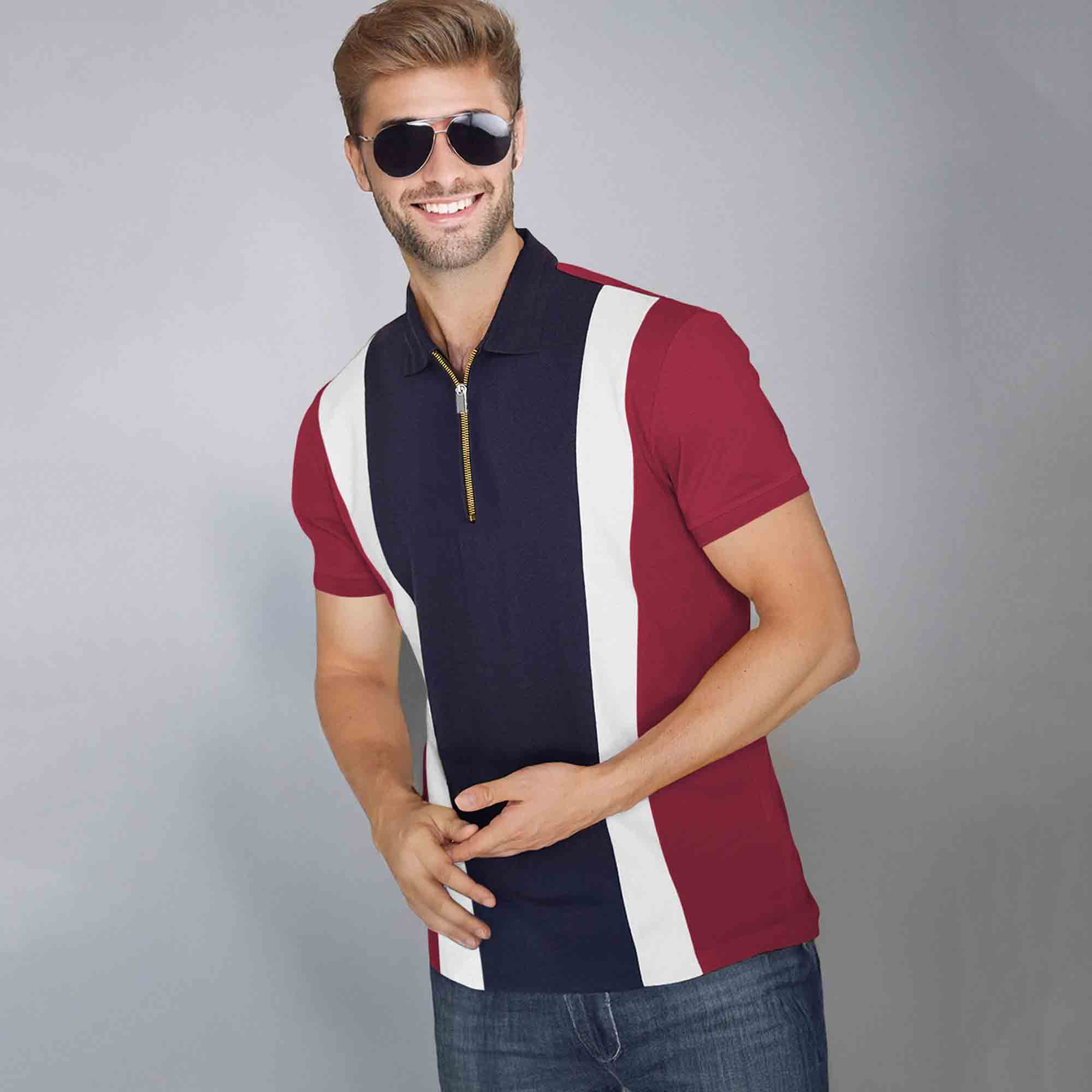 Color Block Zipper Polo T-Shirt Red