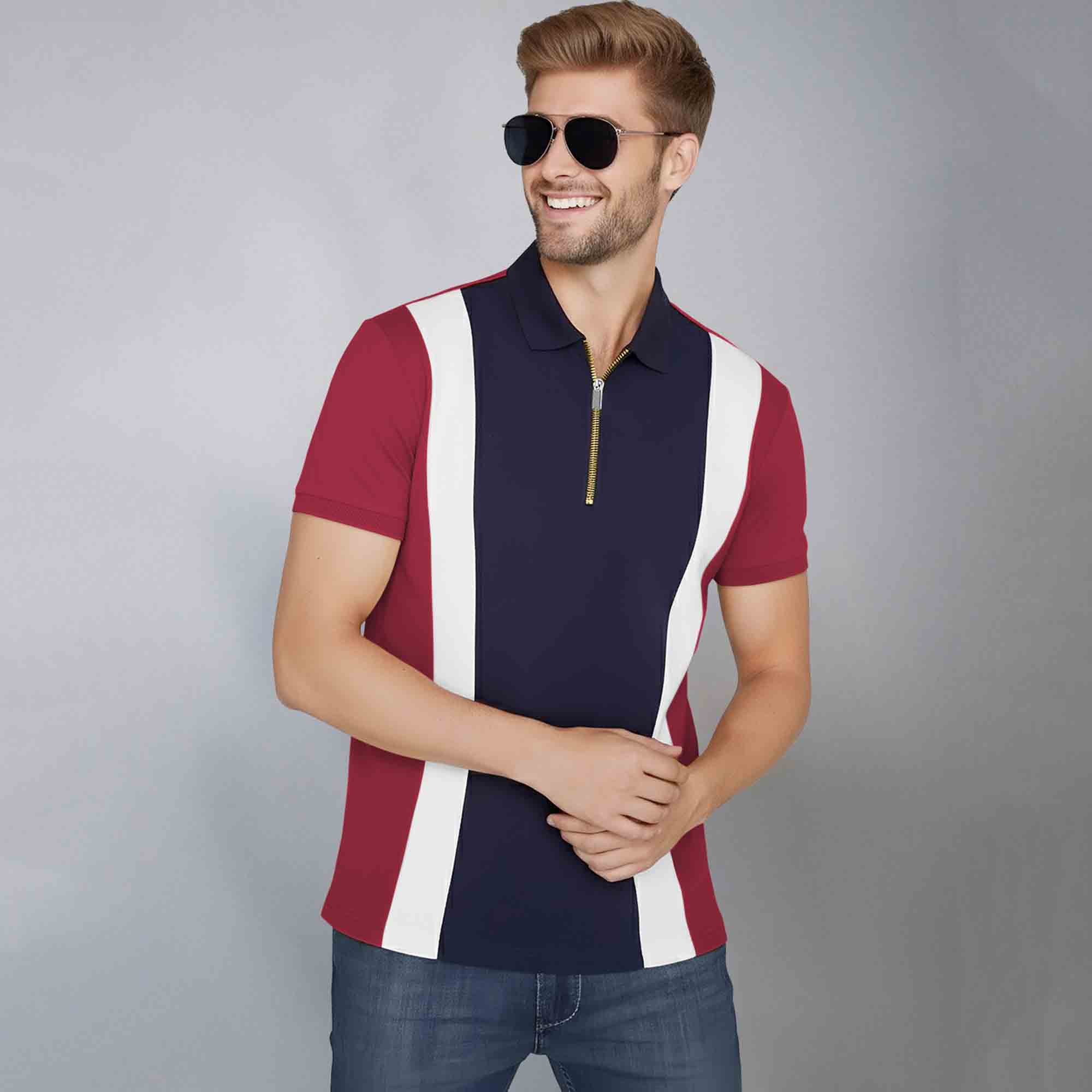 Color Block Zipper Polo T-Shirt Red