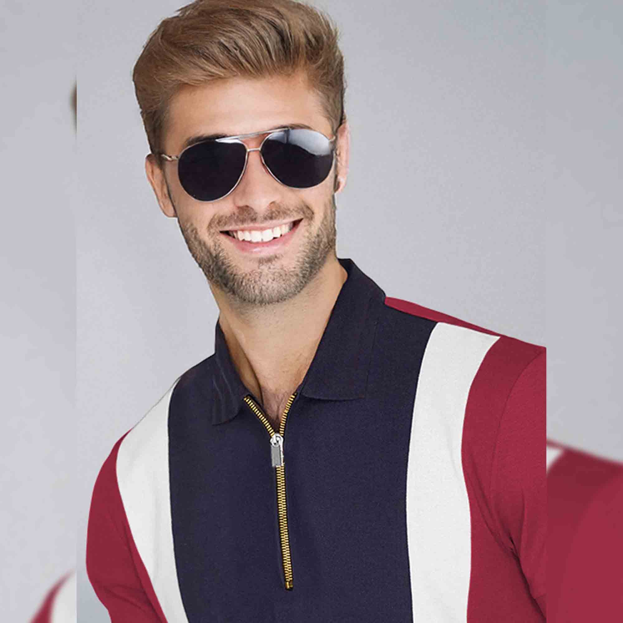 Color Block Zipper Polo T-Shirt Red