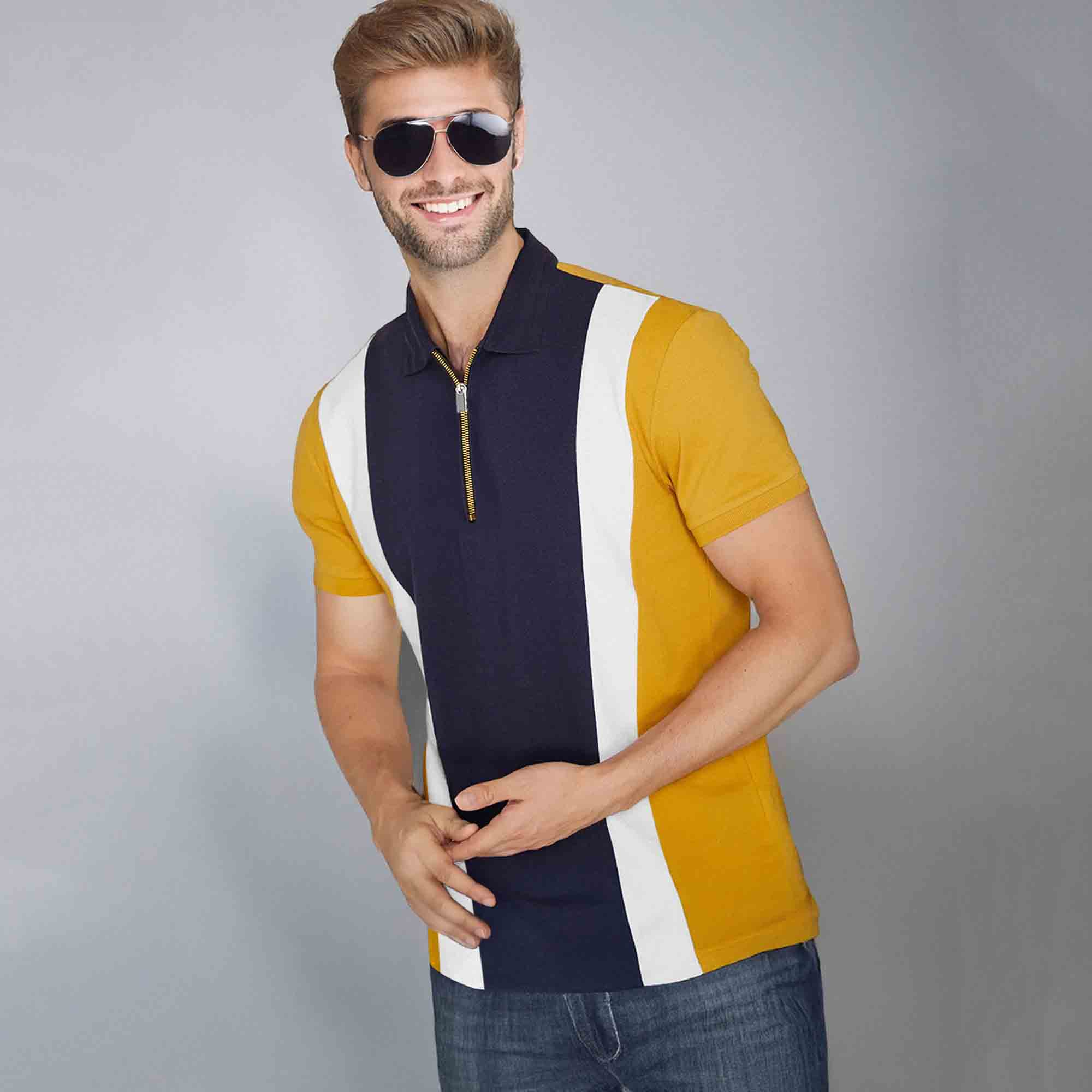 Color Block Zipper Polo T-Shirt Yellow
