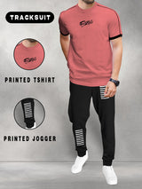 mens tracksuit pink t-shirt and black jogger