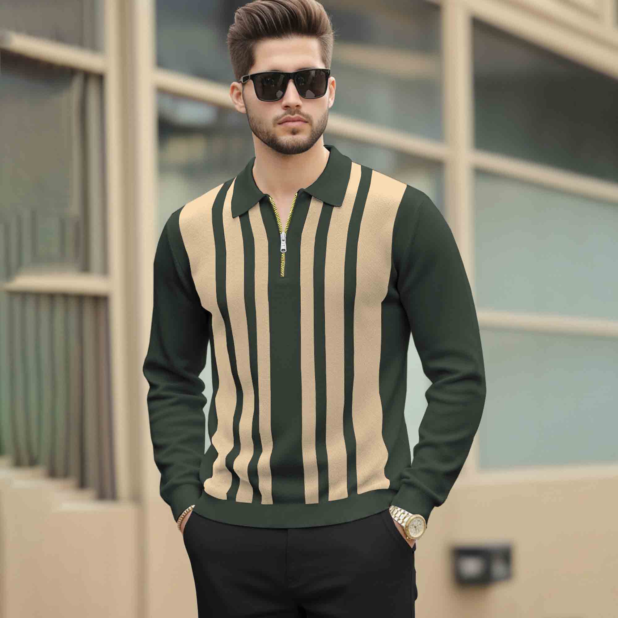 Men Quarter Zip Polo Neck Vertical Striped Full Sleeve T-shirt Olivegreen