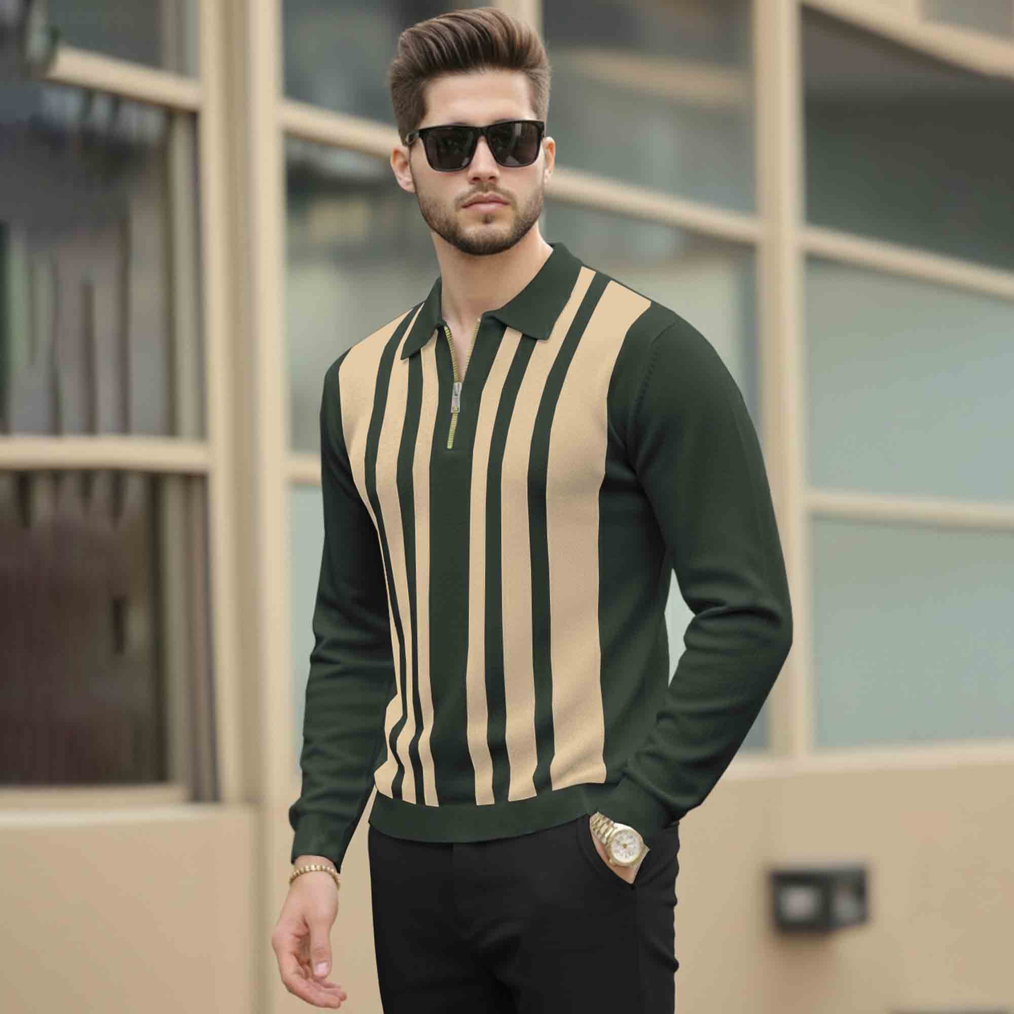 Men Quarter Zip Polo Neck Vertical Striped Full Sleeve T-shirt Olivegreen
