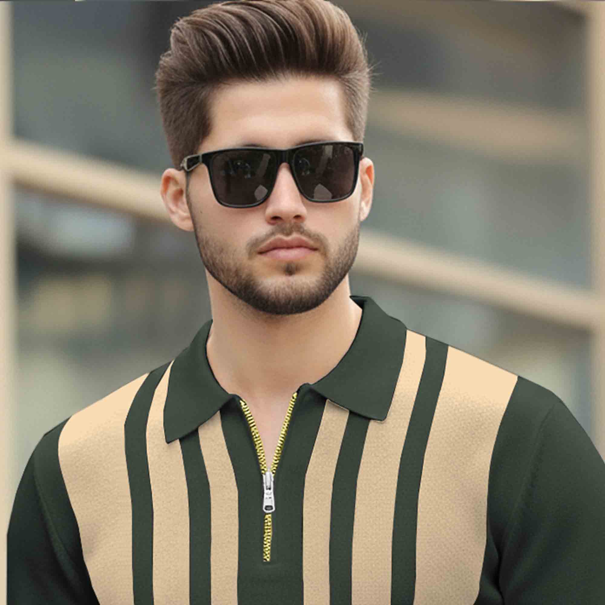 Men Quarter Zip Polo Neck Vertical Striped Full Sleeve T-shirt Olivegreen