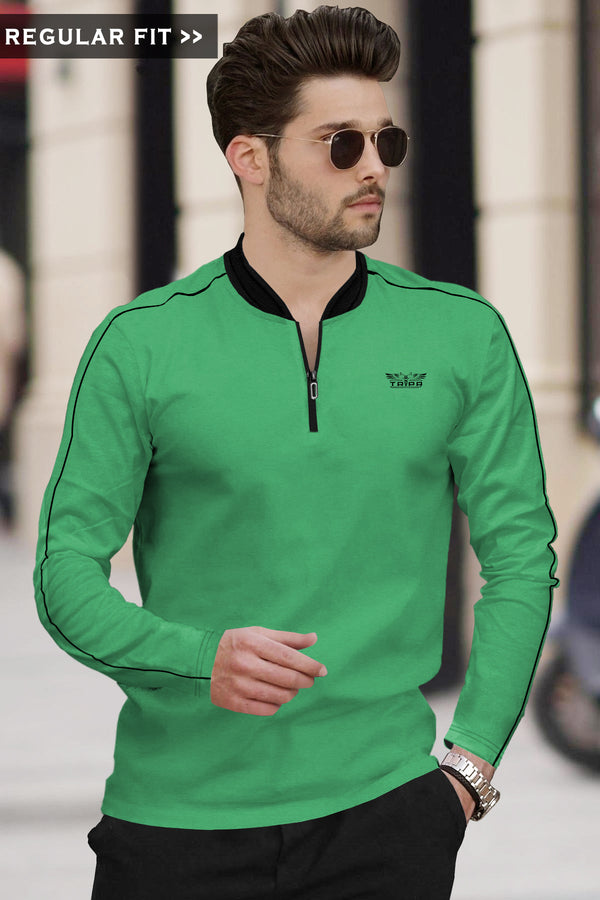 Men parrot green Mandarin Collar FULL SLEEVE T-Shirt